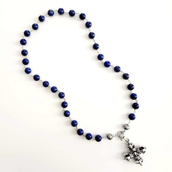 ROCKSTAR LAPIS LAZULI NECKLACE W 925 SILVER DOUBLE DORJE PENDANT-24". UNISEX - Picture 4 of 5